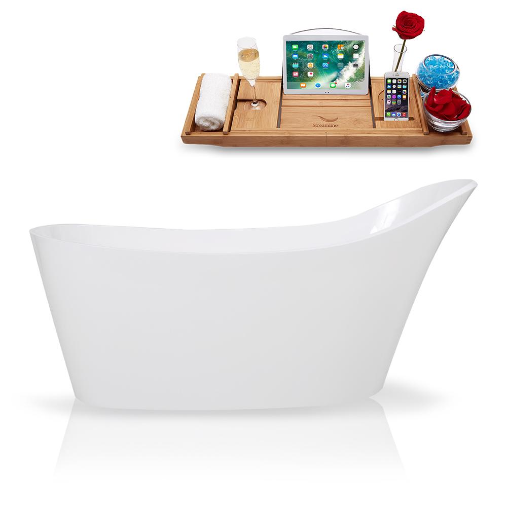 65" Streamline Solid Surface Resin K-0907-65FSWHSS-FM Soaking Freestanding Tub and Tray with Internal Drain