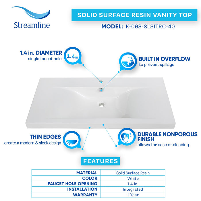 40" Solid Surface Resin Streamline K-098-SLSITRC-40 Vanity Top