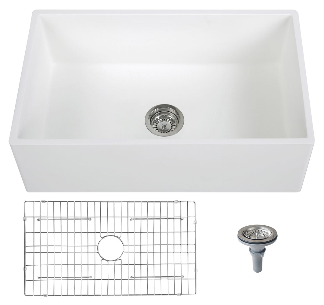 30'' Streamline K-1830-KS-30 Reversible Solid Surface Resin Kitchen Sink With Stainless Steel Grid and Strainer Image
