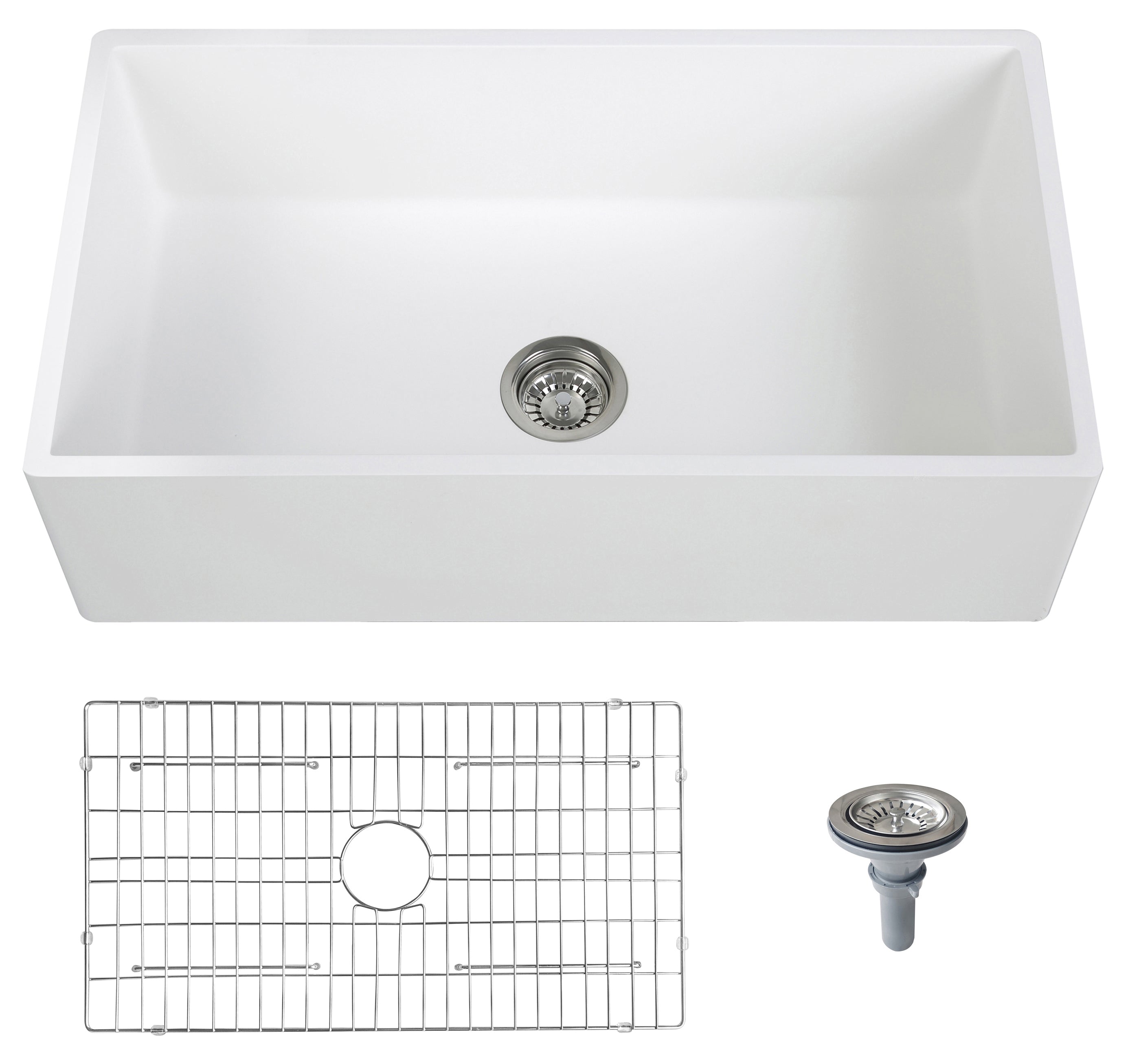 33'' Streamline K-1833-KS-33 Reversible Solid Surface Resin Kitchen Sink With Stainless Steel Grid and Strainer image