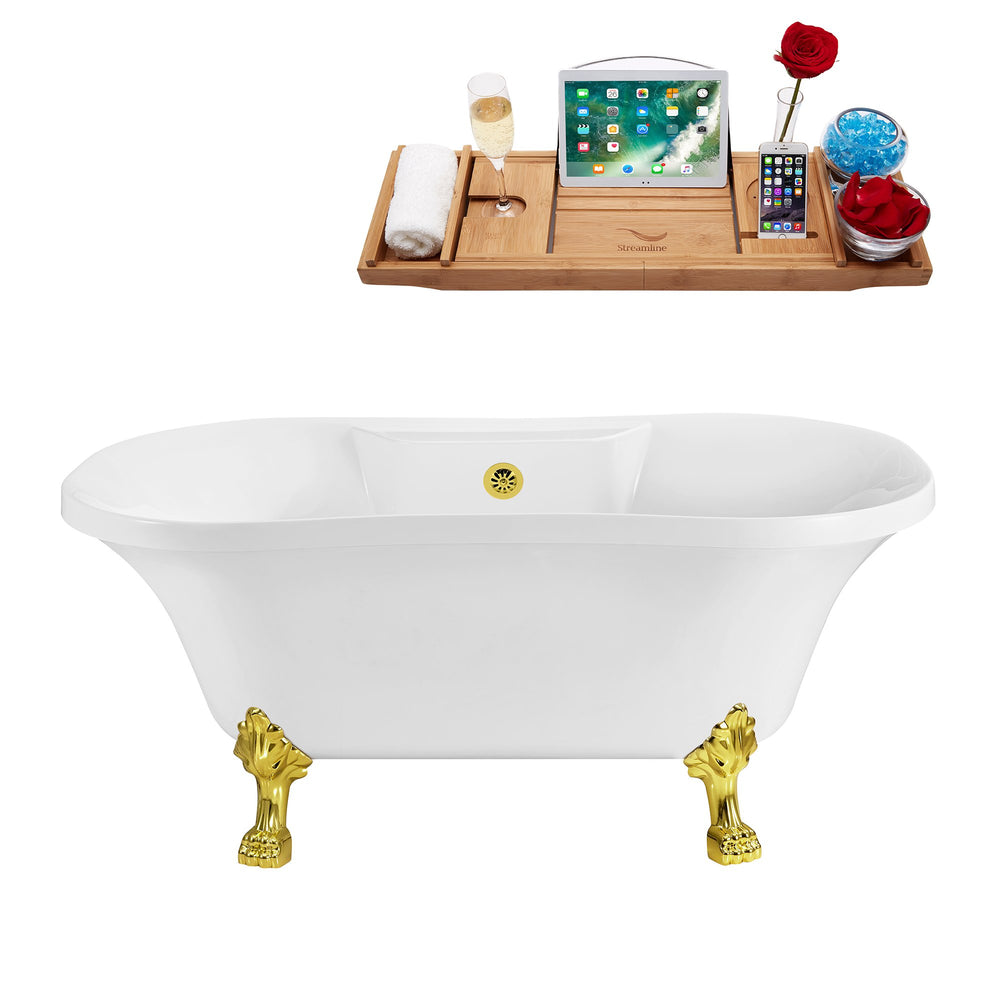 60" Streamline N100GLD-GLD Soaking Clawfoot Tub and Tray With External Drain