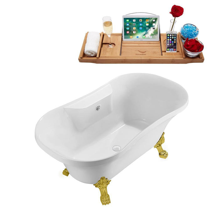 60" Streamline N100GLD-WH Soaking Clawfoot Tub and Tray With External Drain