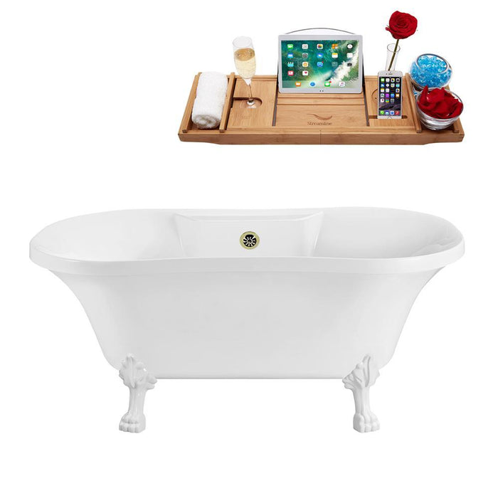 60" Streamline N100WH-BNK Soaking Clawfoot Tub and Tray With External Drain
