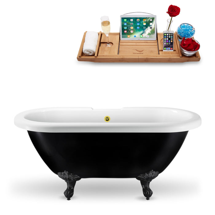 59" Streamline N1120BL-GLD Clawfoot Tub and Tray With External Drain