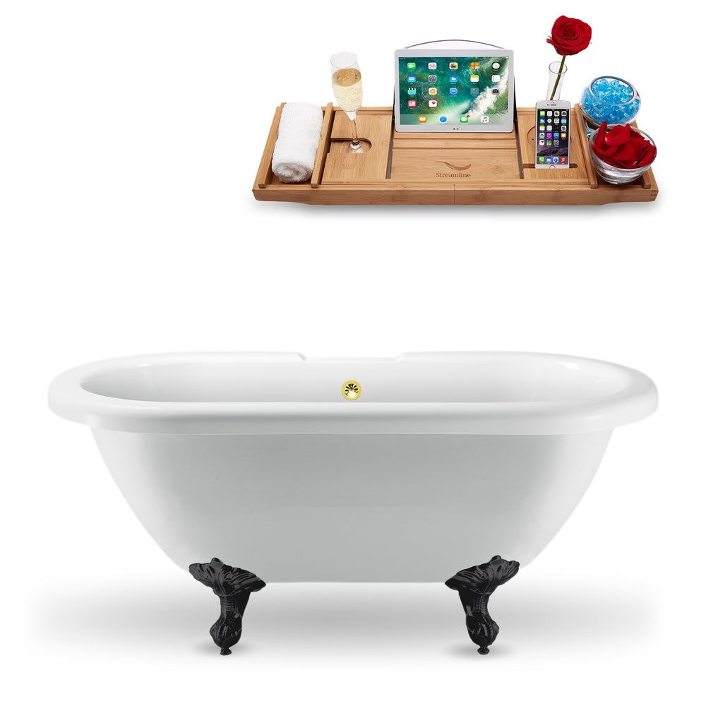 67" Streamline N1121BL-GLD Clawfoot Tub and Tray With External Drain