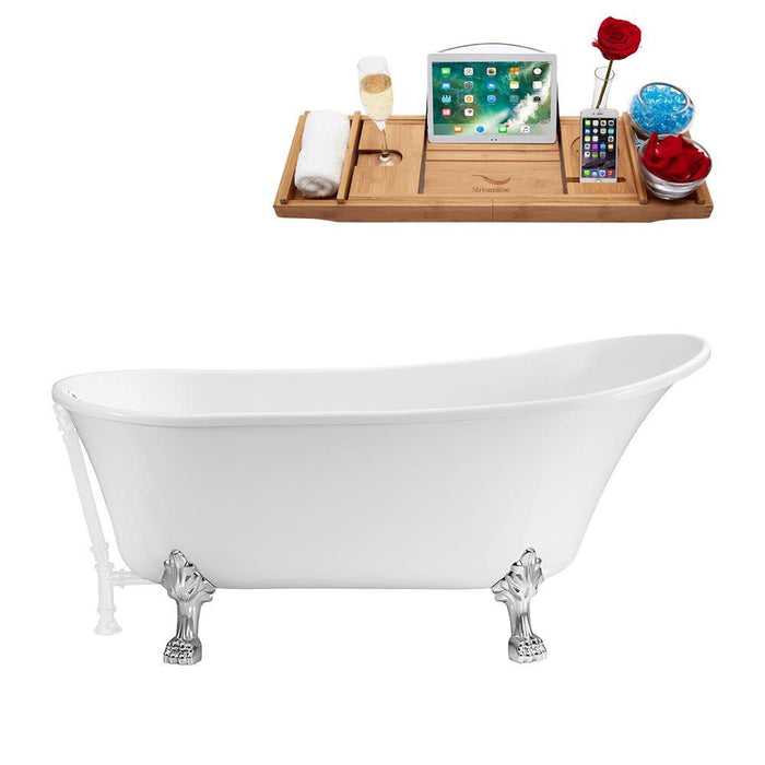 67" Streamline N340CH-WH Soaking Clawfoot Tub and Tray With External Drain