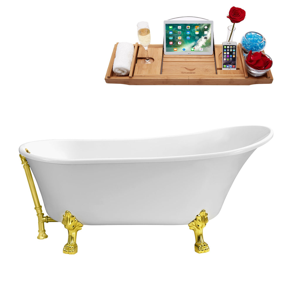 67" Streamline N340GLD-GLD Soaking Clawfoot Tub and Tray With External Drain