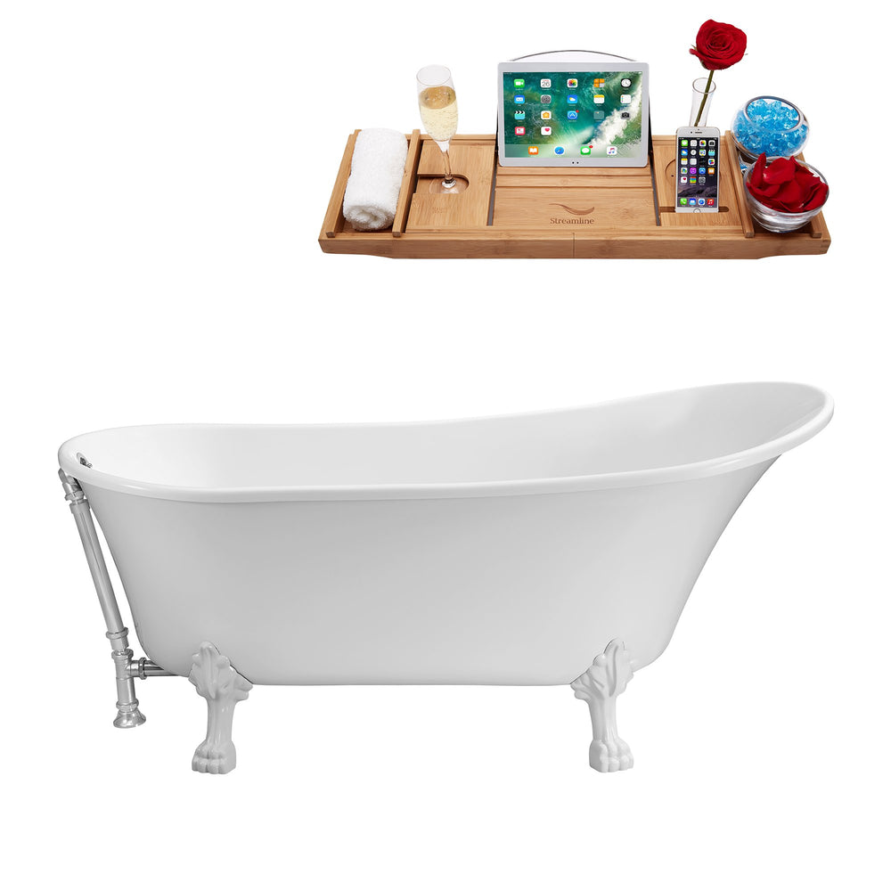 67" Streamline N340WH-CH Soaking Clawfoot Tub and Tray With External Drain