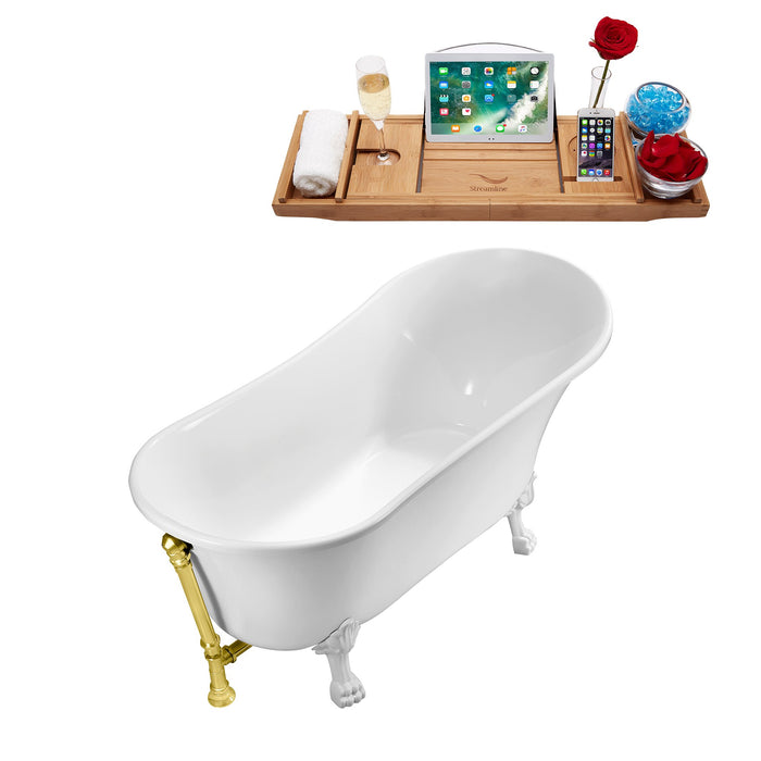 67" Streamline N340WH-GLD Soaking Clawfoot Tub and Tray With External Drain