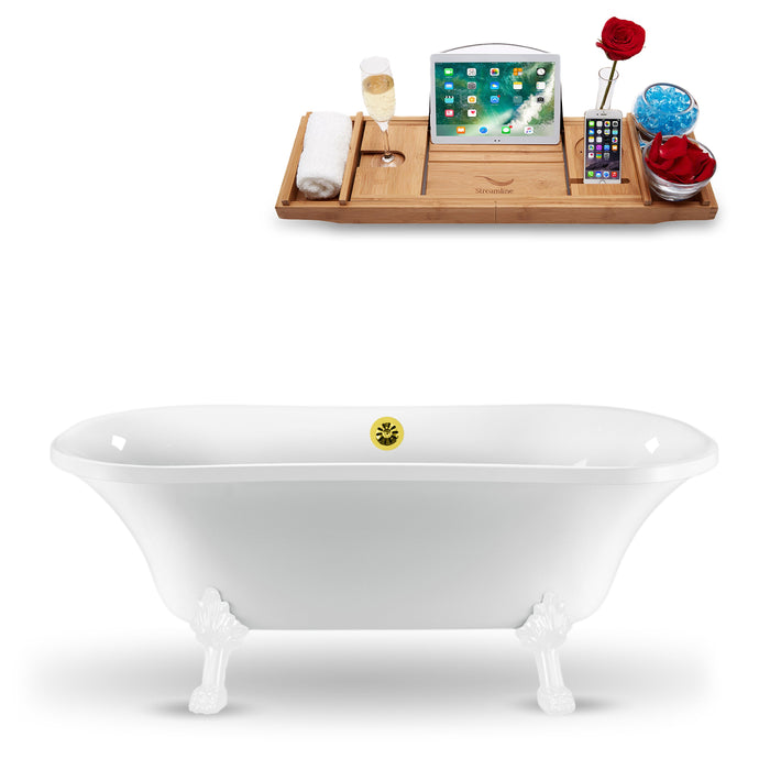 68" Streamline N861WH-GLD Clawfoot Tub and Tray With External Drain