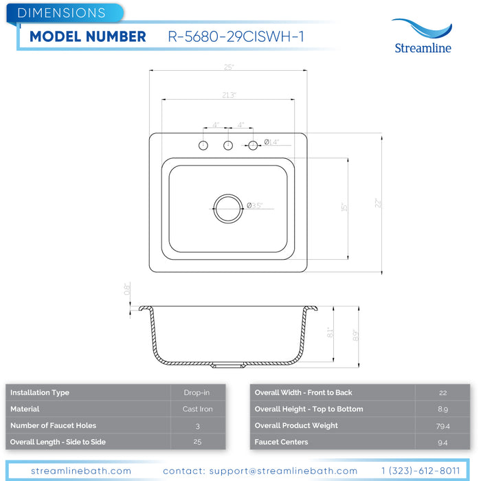 25'' Streamline Cast Iron R-5680-29CISWH-1 Drop-In Kitchen Sink