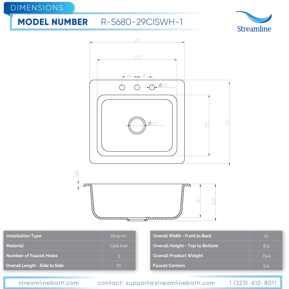 25'' Streamline Cast Iron R-5680-29CISWH-1 Drop-In Kitchen Sink Image