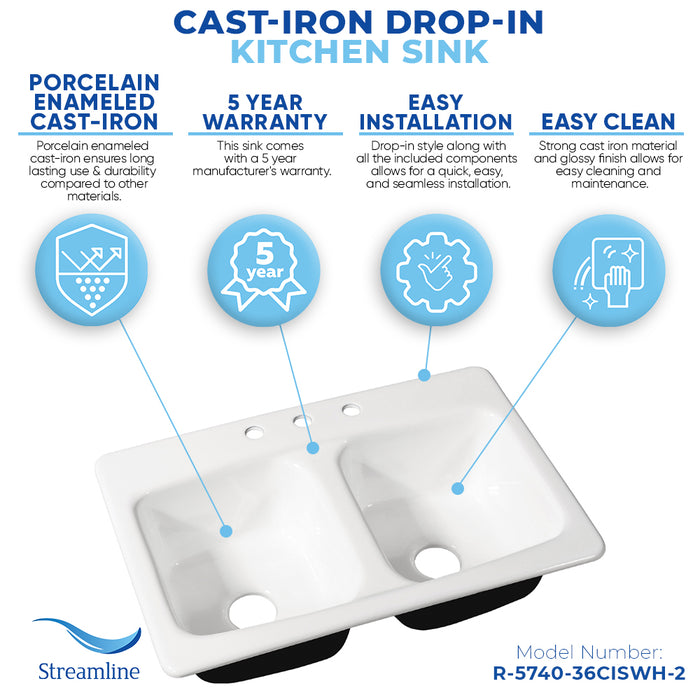 32'' Streamline Cast Iron R-5740-36CISWH-2 Drop-In Kitchen Sink