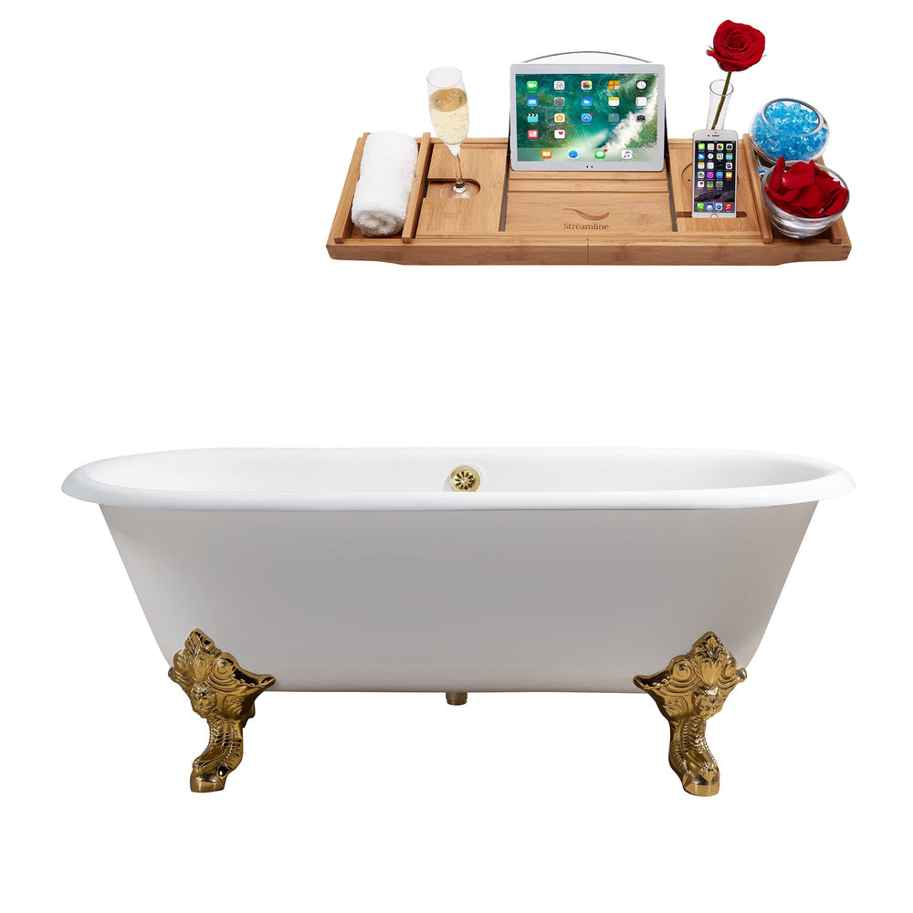69" Cast Iron R5001GLD-GLD Soaking Clawfoot Tub and Tray with External Drain