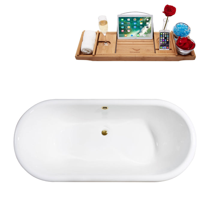 69" Cast Iron R5001WH-GLD Soaking Clawfoot Tub and Tray with External Drain