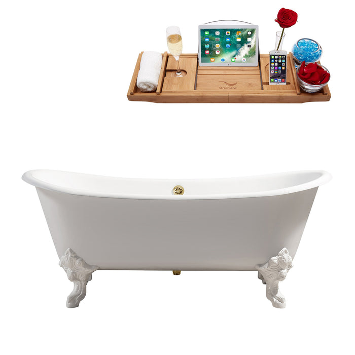 72" Cast Iron R5020WH-GLD Soaking Clawfoot Tub and Tray with External Drain