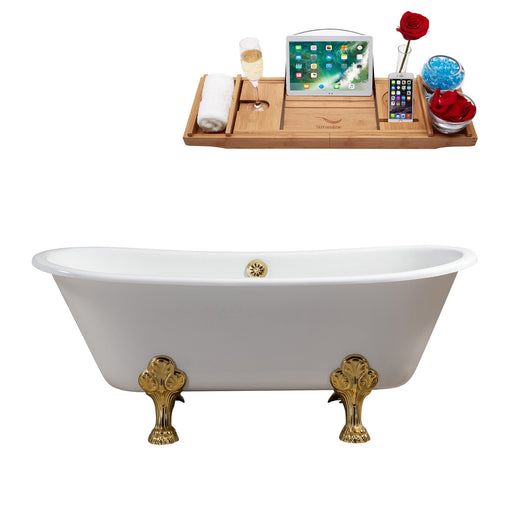67" Cast Iron R5061GLD-GLD Soaking Clawfoot Tub and Tray with External Drain