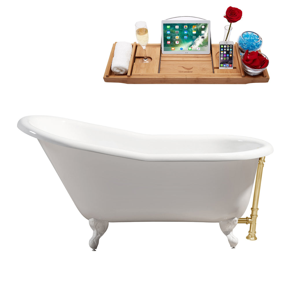 60" Cast Iron R5120WH-GLD Soaking Clawfoot Tub and Tray with External Drain