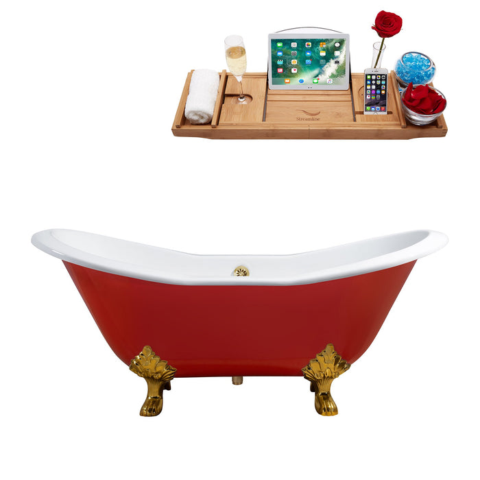 61" Cast Iron R5161GLD-GLD Soaking Clawfoot Tub and Tray with External Drain