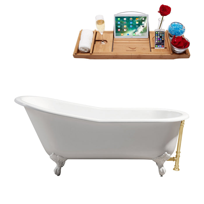 67" Cast Iron R5220WH-GLD Soaking Clawfoot Tub and Tray with External Drain