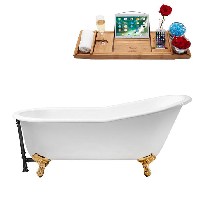 61" Cast Iron R5221GLD-BL Soaking Clawfoot Tub and Tray with External Drain