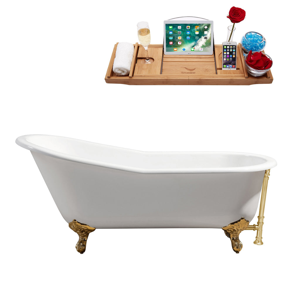 61" Cast Iron R5221GLD-GLD Soaking Clawfoot Tub and Tray with External Drain