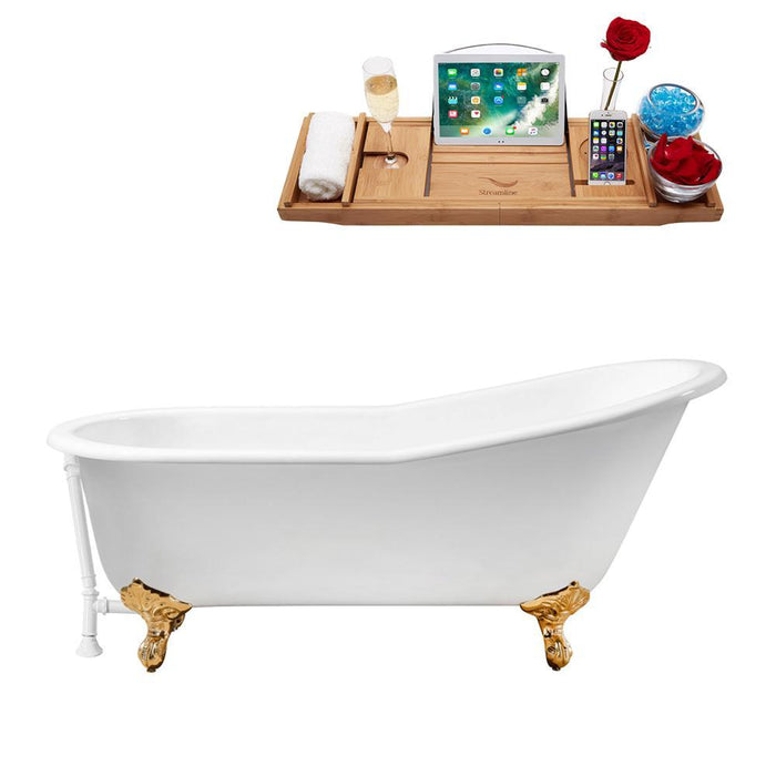 61" Cast Iron R5221GLD-WH Soaking Clawfoot Tub and Tray with External Drain