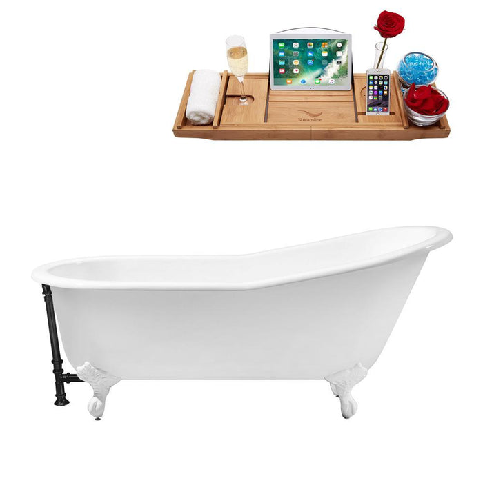 61" Cast Iron R5221WH-BL Soaking Clawfoot Tub and Tray with External Drain
