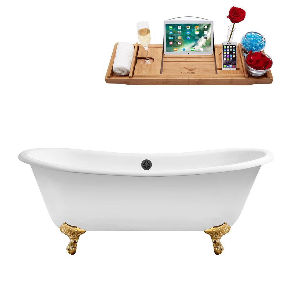 71" Cast Iron R5240GLD-BL Soaking Clawfoot Tub and Tray with External Drain