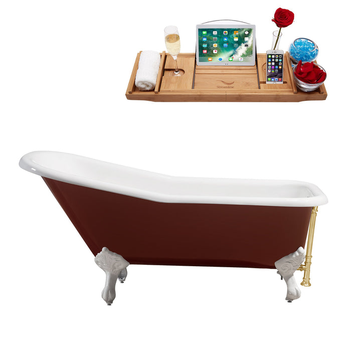 66" Cast Iron R5280WH-GLD Soaking Clawfoot Tub and Tray with External Drain