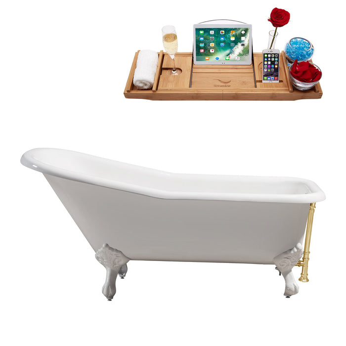66" Cast Iron R5281WH-GLD Soaking Clawfoot Tub and Tray with External Drain