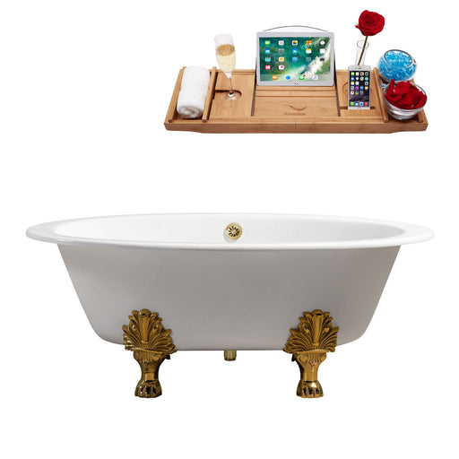 65" Cast Iron R5442GLD-GLD Soaking Clawfoot Tub and Tray with External Drain