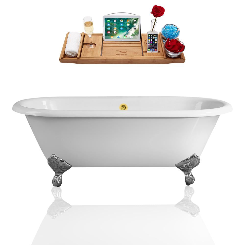 60" Streamline Cast Iron R5500CH-GLD Soaking Clawfoot Tub and Tray with External Drain