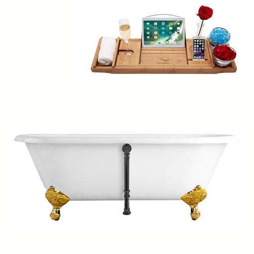 66" Streamline Cast Iron R5501GLD-BL Soaking Clawfoot Tub and Tray with External Drain