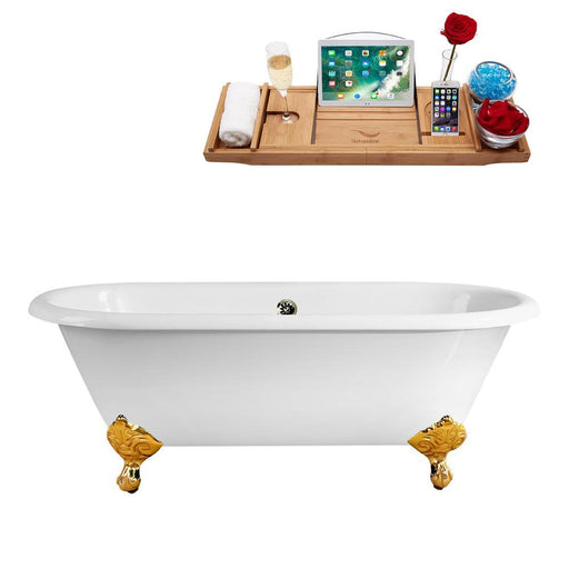 66" Streamline Cast Iron R5501GLD-BNK Soaking Clawfoot Tub and Tray with External Drain