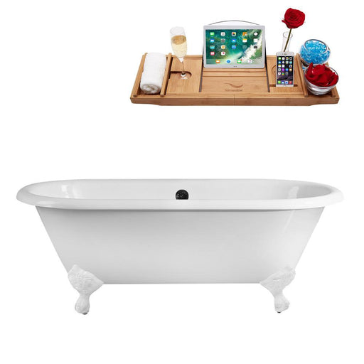66" Streamline Cast Iron R5501WH-BL Soaking Clawfoot Tub and Tray with External Drain